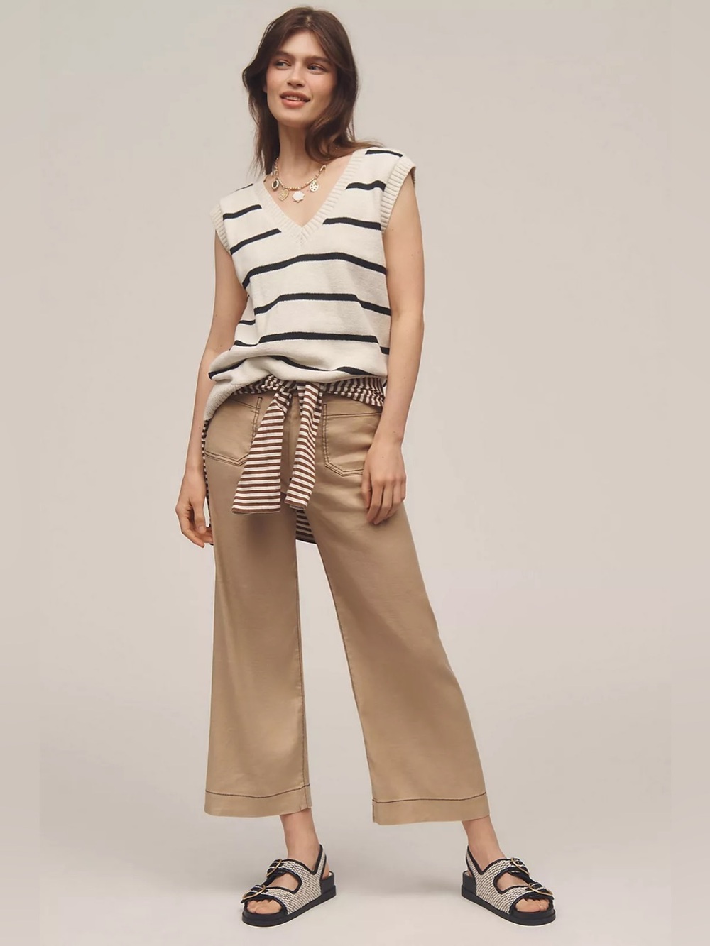 Anthropologie Maeve The Colette Cropped Wide-Leg Pants Contrast-Stitch Linen 31 - Picture 2 of 11
